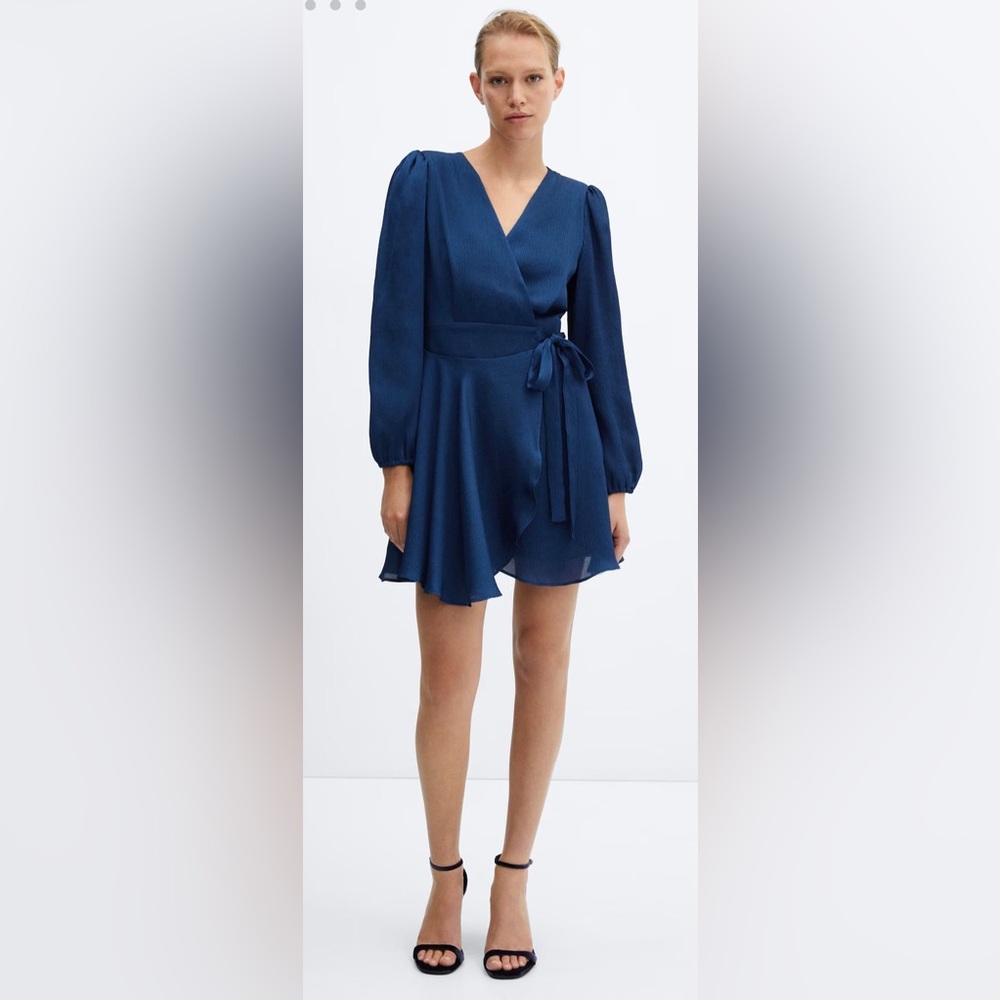 Mango plain navy blue long sleeve satin wrap dress , mini, size 2